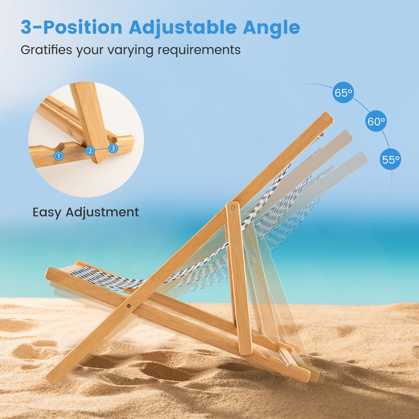 Tangkula Set of 2 Sling Chair Outdoor, Patio Deck Chair with Solid Bamboo Frame & Breathable Canvas Seat, 3 Adjustable Positions, Portable Folding Beach Chair for Porch, Poolside, Balcony, Garden