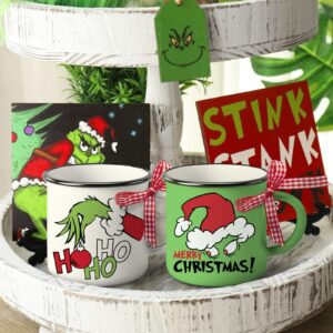 Paayna Merry Christmas Mini Coffee Mug Set of 3, Xmas Stink Stank Stunk Santa Hat Green 5 oz Mini Coffee Cups Tiered Tray Decor, Hohoho Funny Holiday Kitchen Coffee Bar Decorations Housewarming Gift