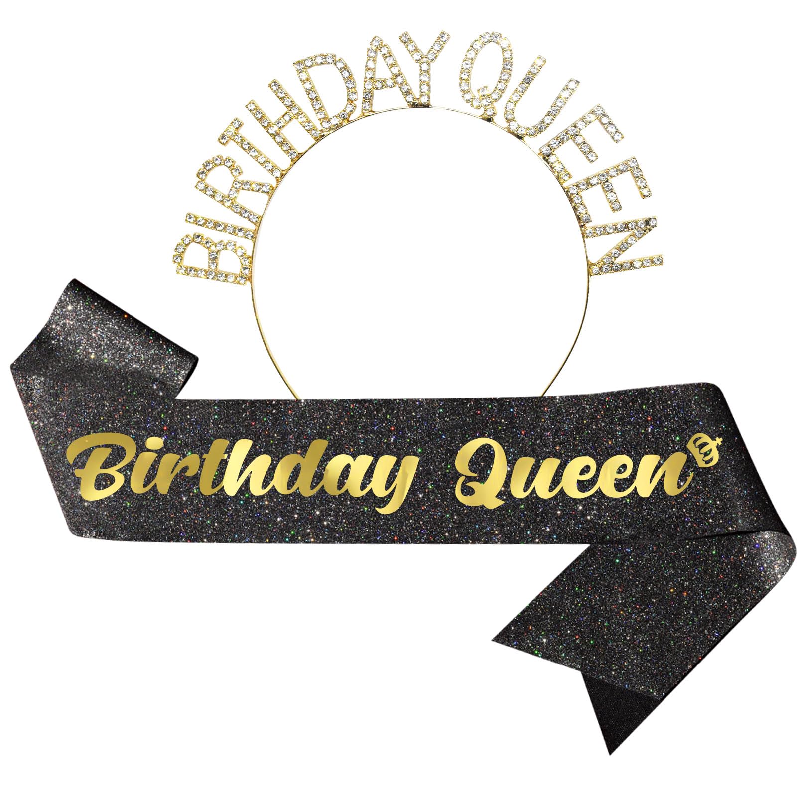 Birthday Sash for Women & Birthday Crown - 2Pc SET - Birthday Sash and Birthday Tiara. Ideal Birthday Decorations for Women, Birthday Headband, Birthday Queen Sash, Birthday Party Decorations (Black)