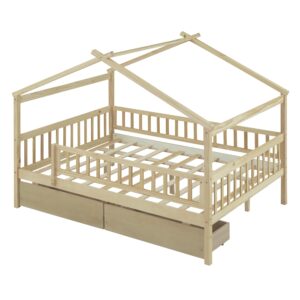 House Bed with Fence Storage, Full Size Montessori Style Beds with Railings and 2 Drawers, Wooden Playhouse Bed Frame for Kids Girls Boys, Natural