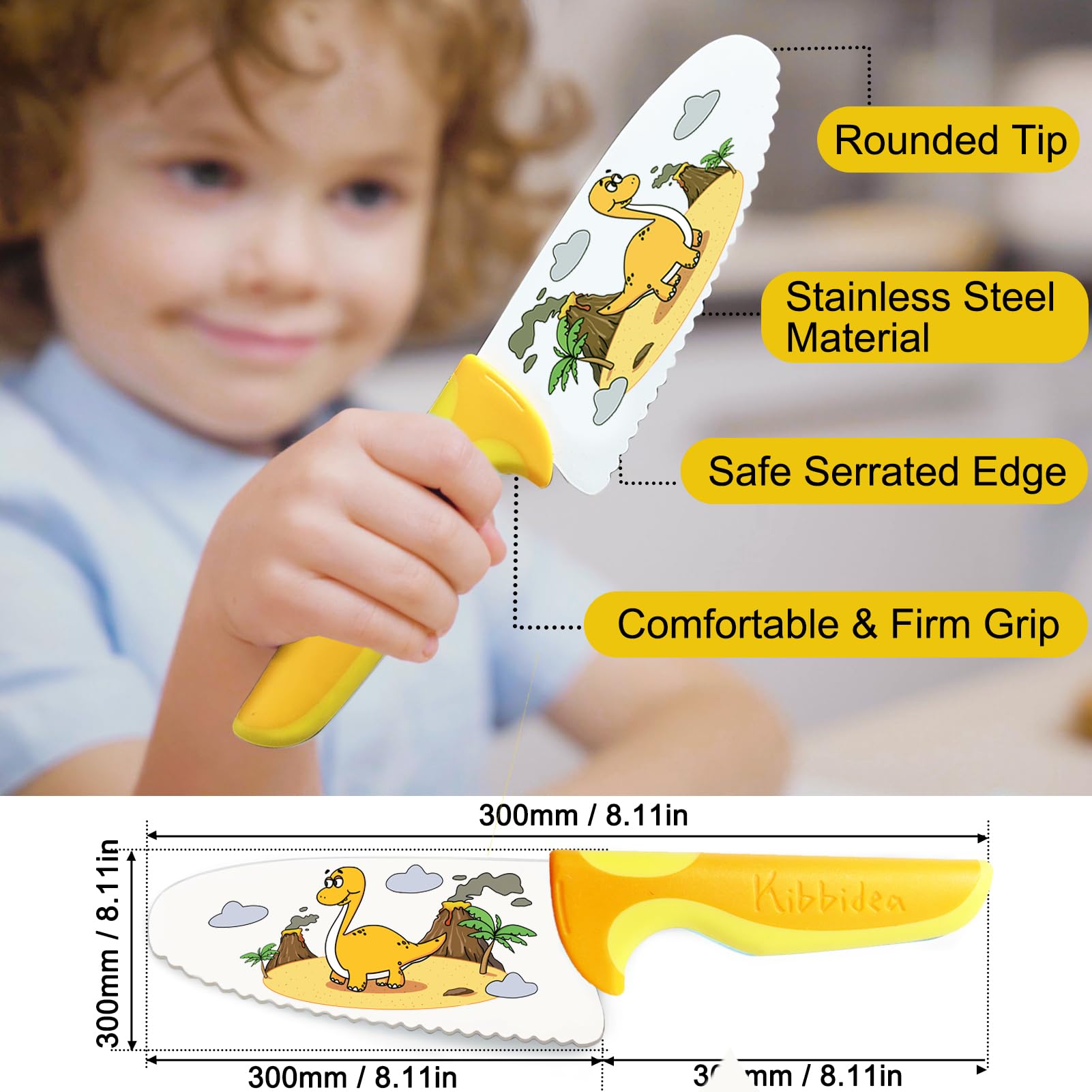 Kids Knife Set for Real Cooking, Friendly Safety Knife for Kids, Stainless Steel Child Chef Knife with Finger Protector, Round Tip Kids Knife for Cutting, Serrated Edges (Yellow)