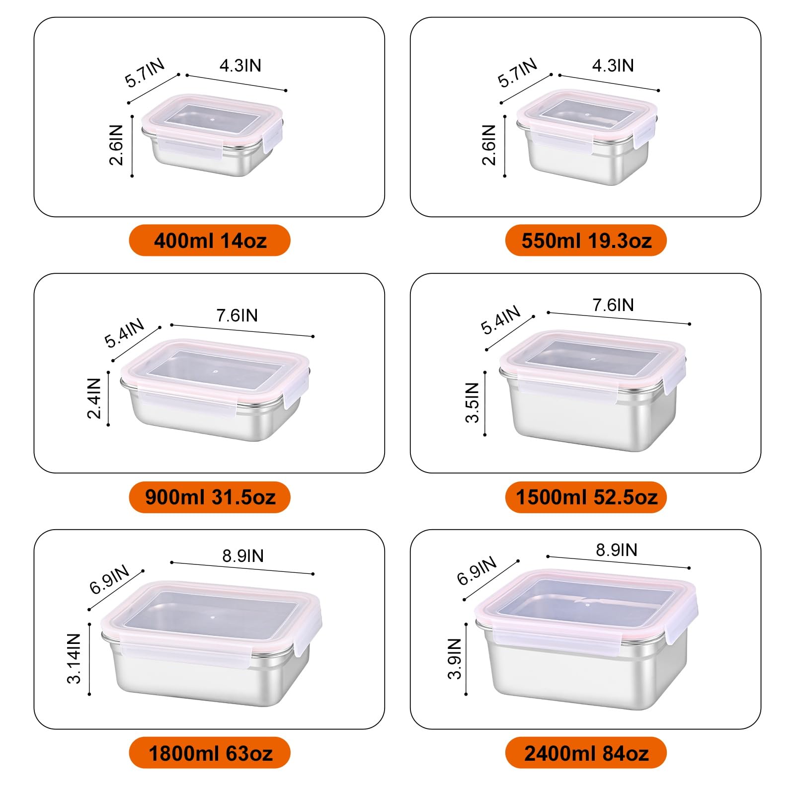 Cykorxicc 6pcs Large Stainless Steel Food Containers with Lids, Leakproof Meal Prep Containers, Airtight Kimchi Containers Reusable, Stackable/Oven/Dishwsher/Freezer Safe