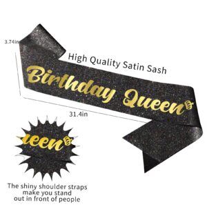 Birthday Sash for Women & Birthday Crown - 2Pc SET - Birthday Sash and Birthday Tiara. Ideal Birthday Decorations for Women, Birthday Headband, Birthday Queen Sash, Birthday Party Decorations (Black)