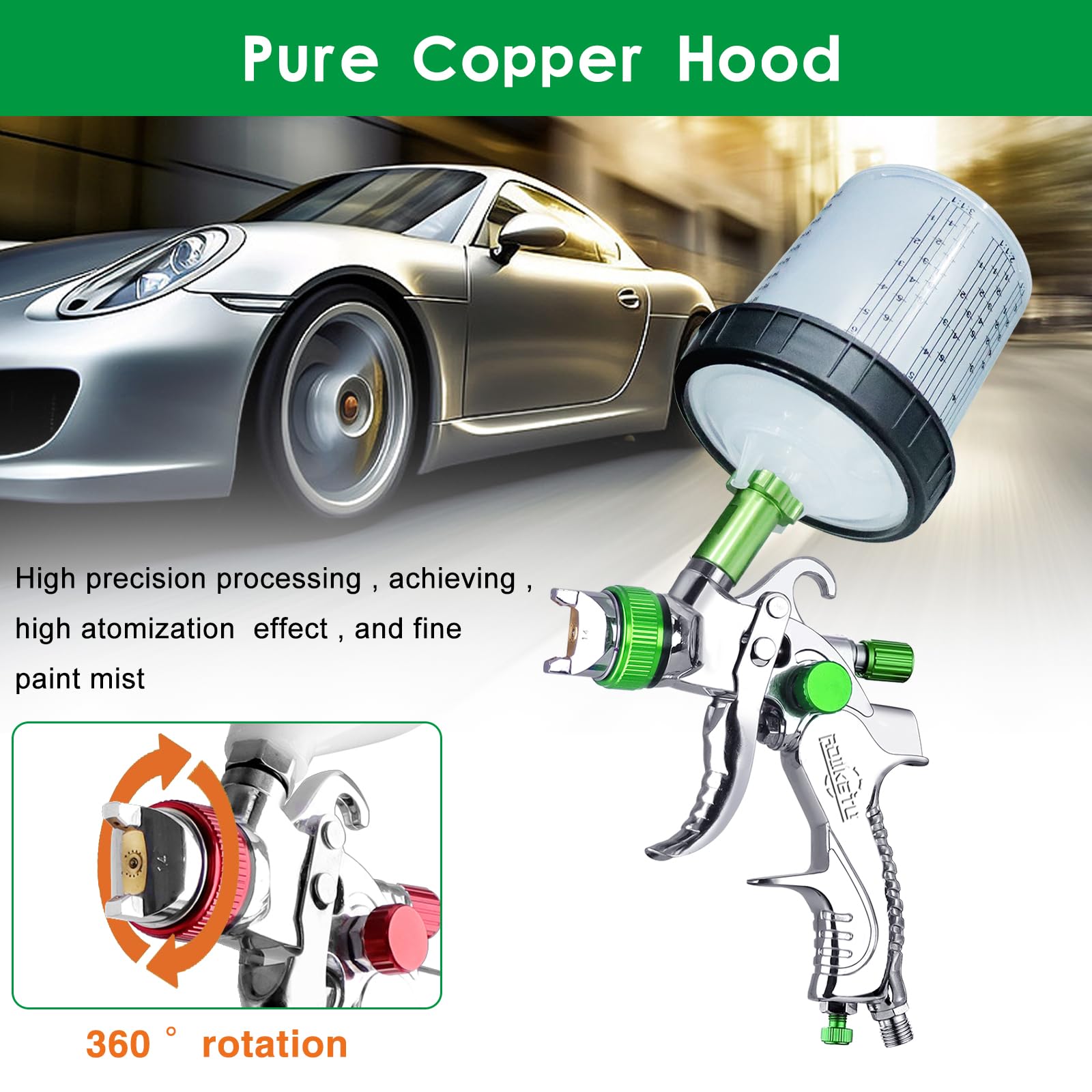 ROIKETU HVLP Paint Sprayer with 10pcs 600ML Mixing Quick Cup,Spray Paint Gun Set Contain 3 Nozzles 1.4/1.7/2mm &Pressure Gauge,Sprayer Gun for Car Painting,Furniture Surface Spraying (Green Set)