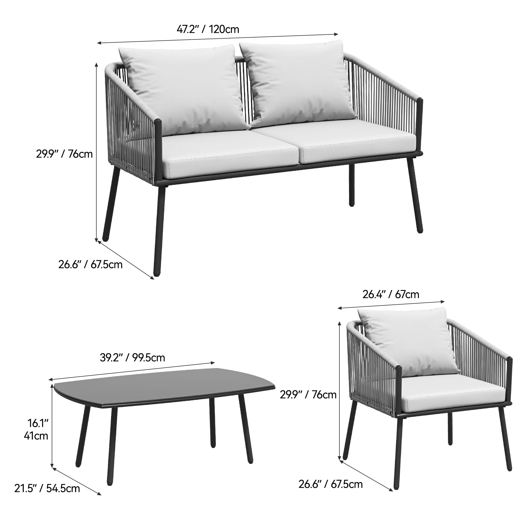 YITAHOME 4-Piece Patio Furniture Outdoor Bistro Set, All Weather Double Gray Rope Conversation Loveseat for Backyard, Balcony, Deck with Soft Cushions and Metal Table (Gray)