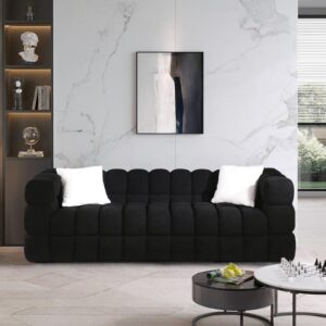 84.3" 3 seater modern sofa couch, comfy upholstered living room sofa with 2 pillows, comfy boucle sofa with solid metal legs, contemporary furniture tufted cloud couch for waiting room, office, black