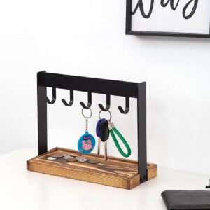 ExoLiry Metal 5-Hook Table Key Holder Torched Wood Base Rustic Industrial Tabletop Countertop Organizer Matte Rack Hanging Hooks Burnt Wooden Bottom Slot Rings Coins Accessories Jewelry Daily Supplies