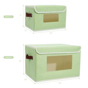 ANMINY 2 PCS Fabric Storage Bins with Lid PU Leather Handles Clear Window Washable PP Plastic Board Decorative Foldable Lidded Cotton Linen Storage Boxes Baskets Closet Organizer - Green, Small Size