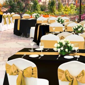 12Pack 12x108 Inch Satin Table Runner and 54x108Inch Plastic Tablecloths Set Black and Gold Disposable Rectangle Table Cover for Graduation Wedding Bridal Shower Anniversary Birthday Party Decorations