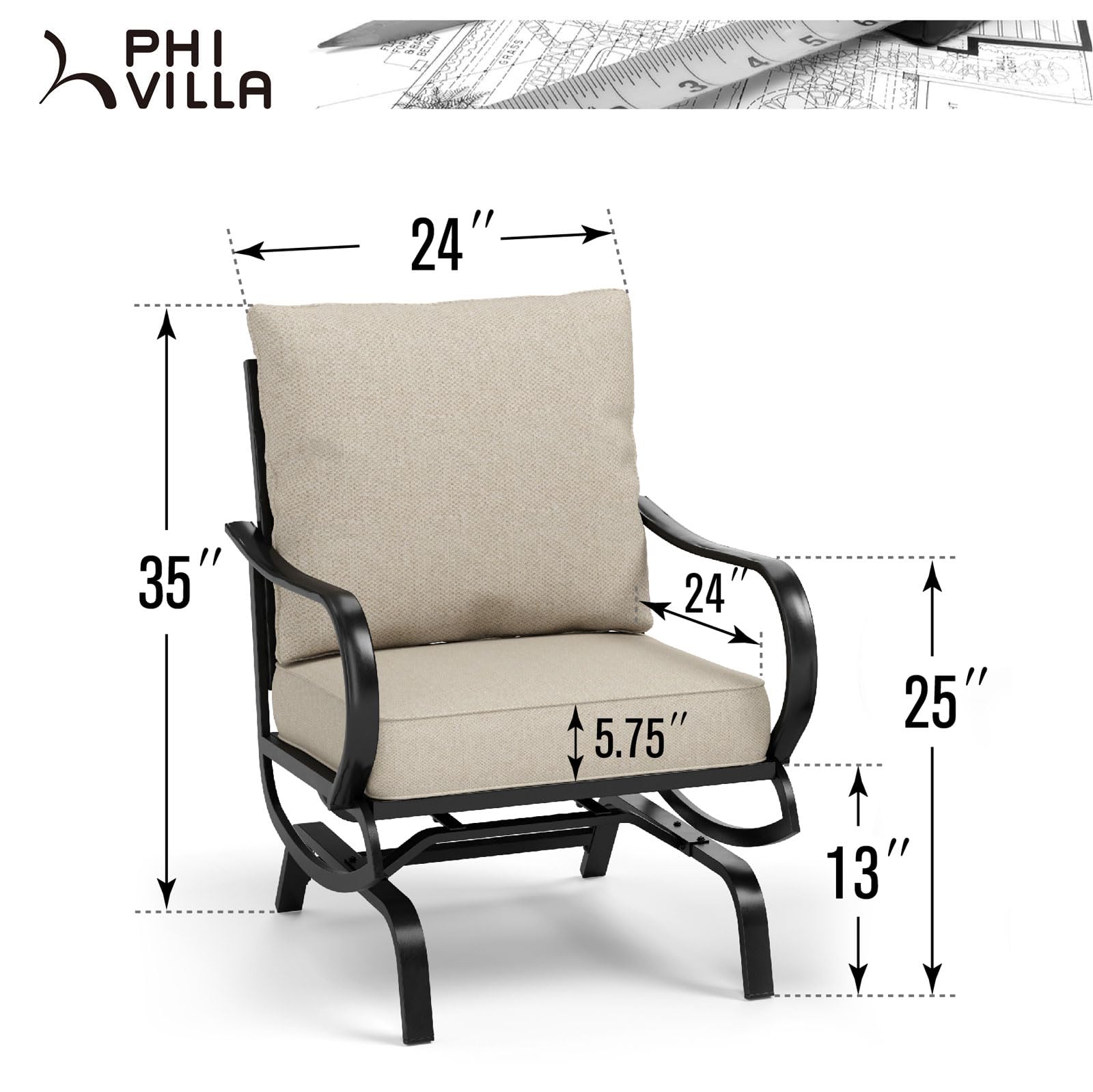 PHI VILLA Patio Conversation Set for 2, Deluxe Outdoor Patio Set with 2 C-Base Padded Sofa Chair