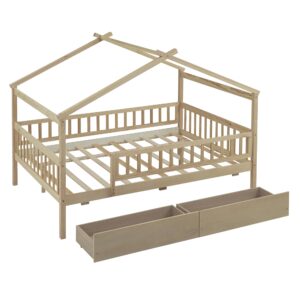 House Bed with Fence Storage, Full Size Montessori Style Beds with Railings and 2 Drawers, Wooden Playhouse Bed Frame for Kids Girls Boys, Natural