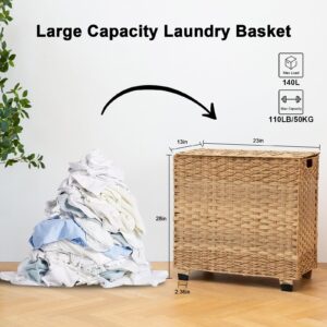 OIAHOMY Laundry Hamper with Lid, 140L Synthetic Rattan Clothes Hamper with Handles, Handwoven Large Laundry Basket with 3 Removable Liner Bags, Foldable, Laundry Room, Bedroom, 27*13*26 Inches, Yellow