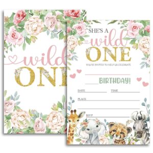 fujloy wild one birthday party invitations, wild one invitations, jungle theme, animals birthday party invites.（060）