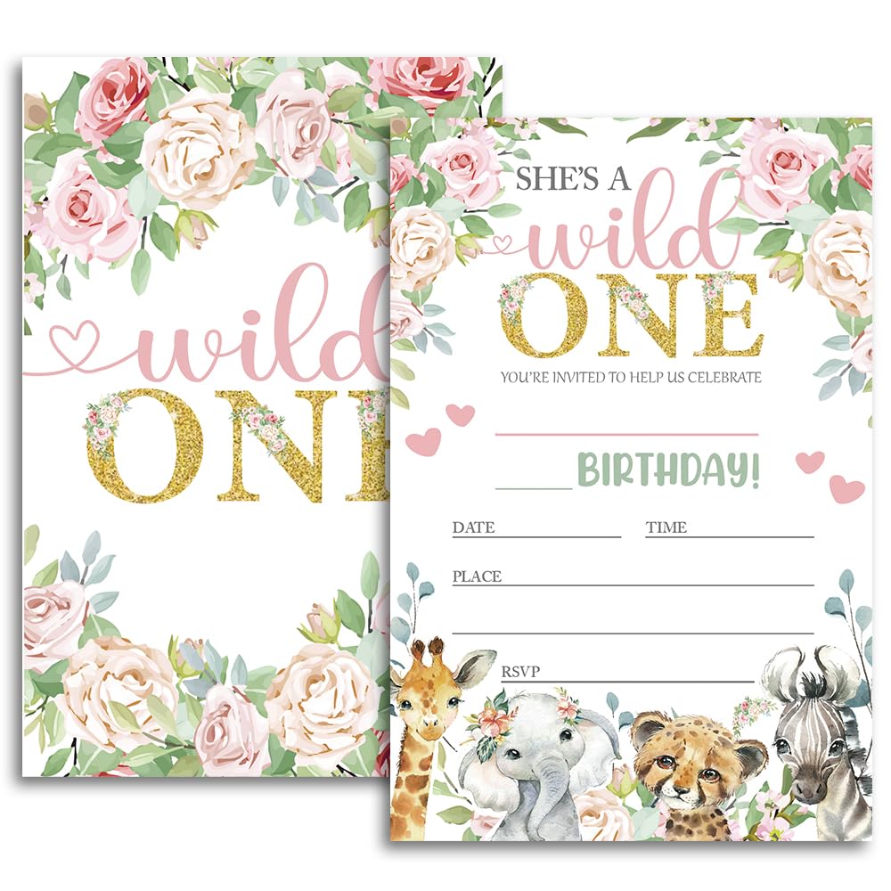 FujLoy Wild One Birthday party Invitations, Wild One Invitations, Jungle Theme, Animals Birthday Party Invites.（060）