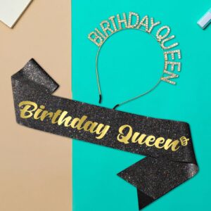 Birthday Sash for Women & Birthday Crown - 2Pc SET - Birthday Sash and Birthday Tiara. Ideal Birthday Decorations for Women, Birthday Headband, Birthday Queen Sash, Birthday Party Decorations (Black)