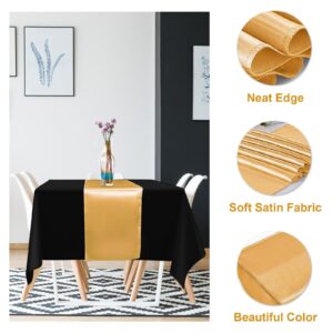 12Pack 12x108 Inch Satin Table Runner and 54x108Inch Plastic Tablecloths Set Black and Gold Disposable Rectangle Table Cover for Graduation Wedding Bridal Shower Anniversary Birthday Party Decorations