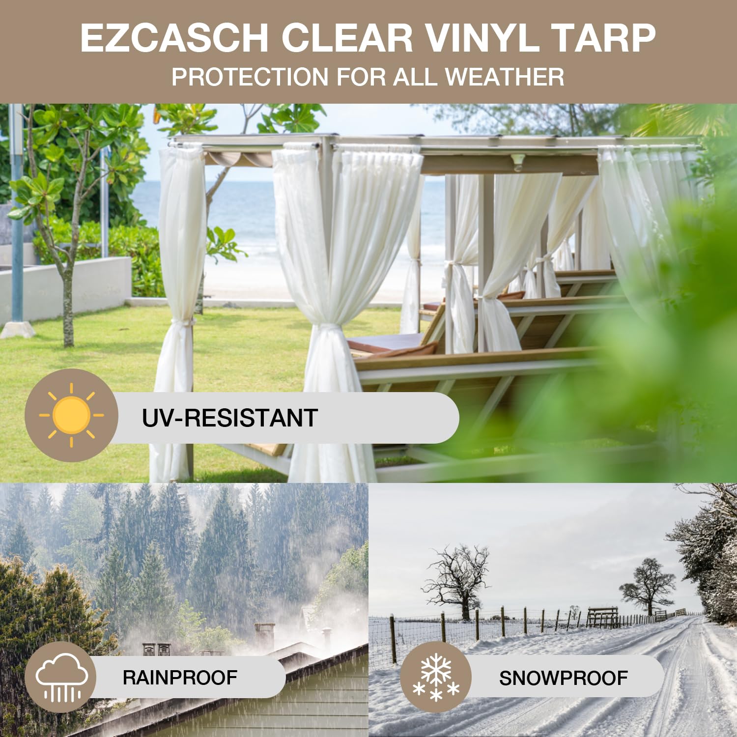 Ezcasch 17 Oz Outdoor Vinyl Curtain, Outdoor Clear Panel Curtain, Weather Resistant Outdoor Curtain for Pergola, Porch, Gazebos, with Rustproof Grommets (8'H x 7'W, Beige)