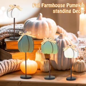 Thyle 3 Pcs Thanksgiving Pumpkin Table Centerpieces Wood Fall Table Decorations for Home Thanksgiving Tall Standing Block Autumn Harvest Sign with Bow for Home Decor(Blue, Light Blue, Grayish White)