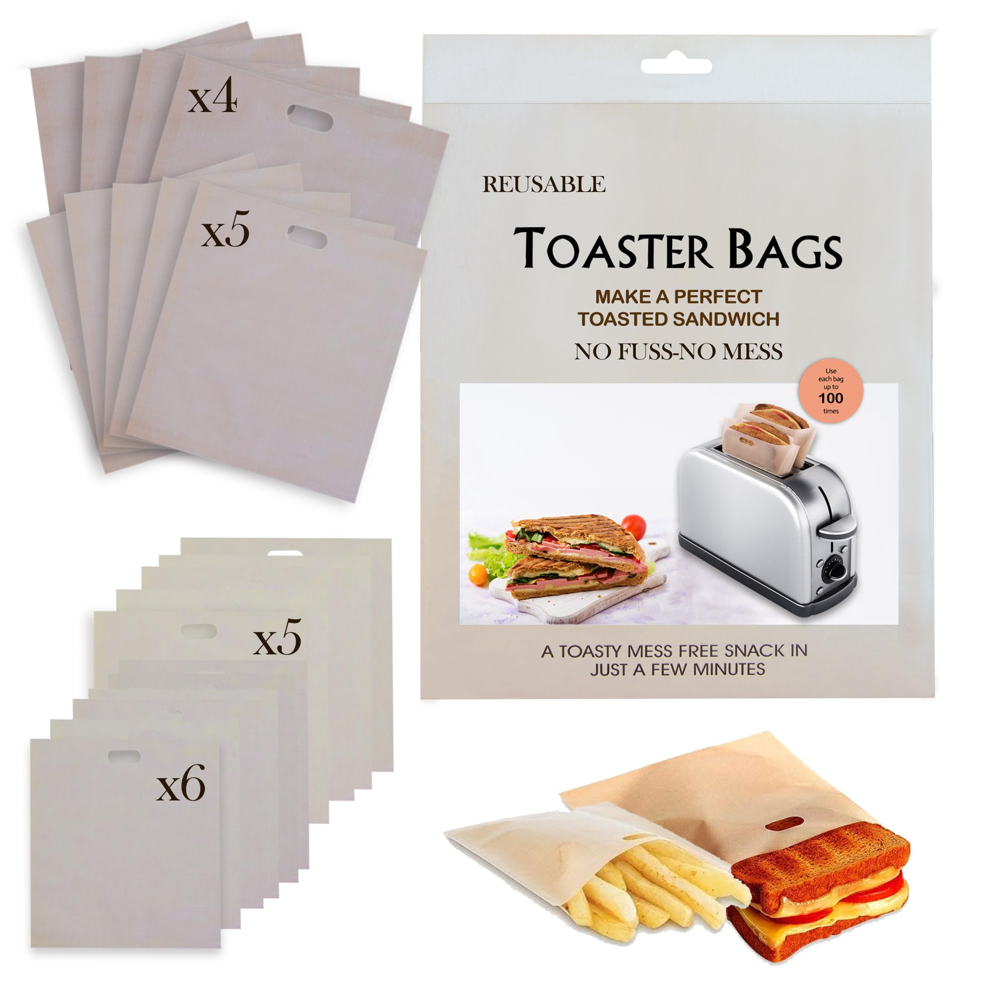 20 Pack Toaster Bags, Reusable Non-Stick Oven Bags for Grilled Cheese Sandwiches, Chicken, Nuggets, Panini and more (4 Sizes)