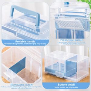 Leinuosen 2 Pcs 2 Layer Clear Plastic Dividing Storage Box with Removable Tray Multipurpose Stationery Storage Box with Handle Portable Sewing Box Transparent Case for Home, 11.42x6.3x5.71 In(Blue)