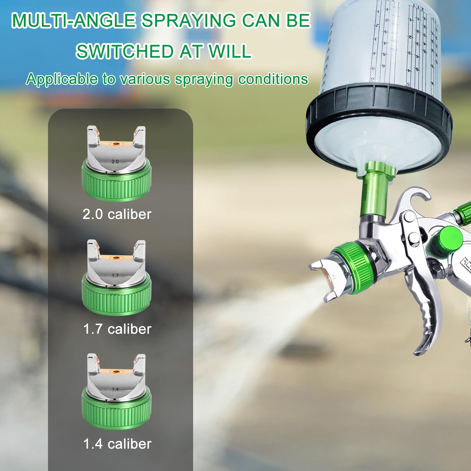 ROIKETU HVLP Paint Sprayer with 10pcs 600ML Mixing Quick Cup,Spray Paint Gun Set Contain 3 Nozzles 1.4/1.7/2mm &Pressure Gauge,Sprayer Gun for Car Painting,Furniture Surface Spraying (Green Set)