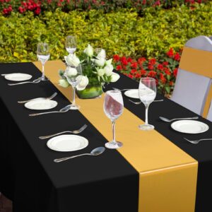 12Pack 12x108 Inch Satin Table Runner and 54x108Inch Plastic Tablecloths Set Black and Gold Disposable Rectangle Table Cover for Graduation Wedding Bridal Shower Anniversary Birthday Party Decorations