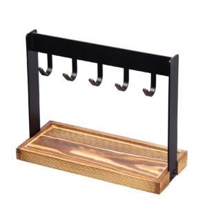 ExoLiry Metal 5-Hook Table Key Holder Torched Wood Base Rustic Industrial Tabletop Countertop Organizer Matte Rack Hanging Hooks Burnt Wooden Bottom Slot Rings Coins Accessories Jewelry Daily Supplies