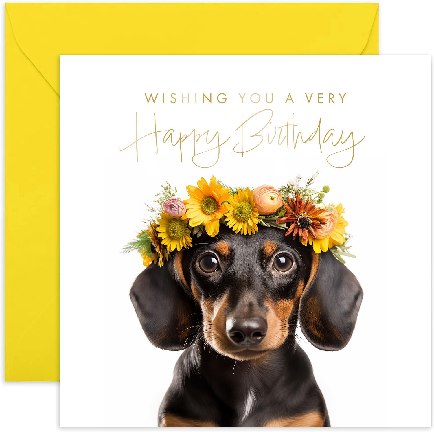 Old English Co. Daschund Dog Very Happy Birthday Card for Her - Cute Daschund Floral Birthday Card for Women - Cute Birthday Cards for Sister, Mum, Daughter, Friend | Blank Inside with Envelope…