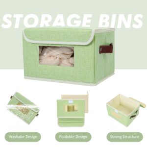 ANMINY 2 PCS Fabric Storage Bins with Lid PU Leather Handles Clear Window Washable PP Plastic Board Decorative Foldable Lidded Cotton Linen Storage Boxes Baskets Closet Organizer - Green, Small Size