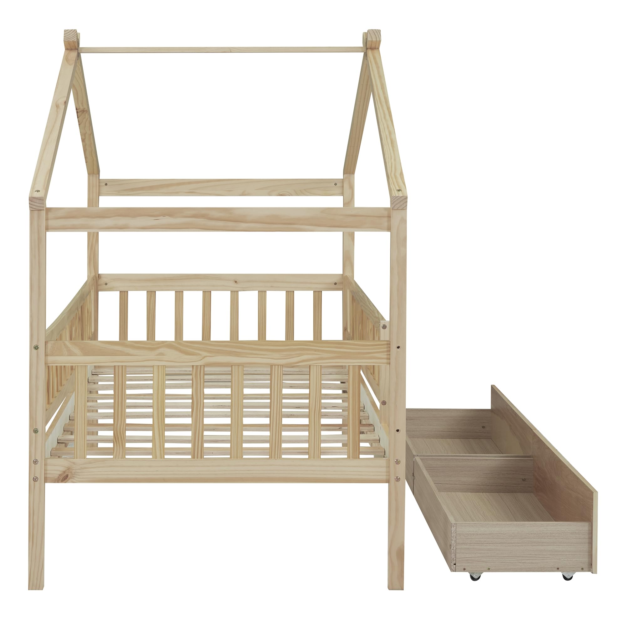 House Bed with Fence Storage, Twin Size Montessori Style Beds with Railings and 2 Drawers, Wooden Playhouse Bed Frame for Kids Girls Boys, Natural