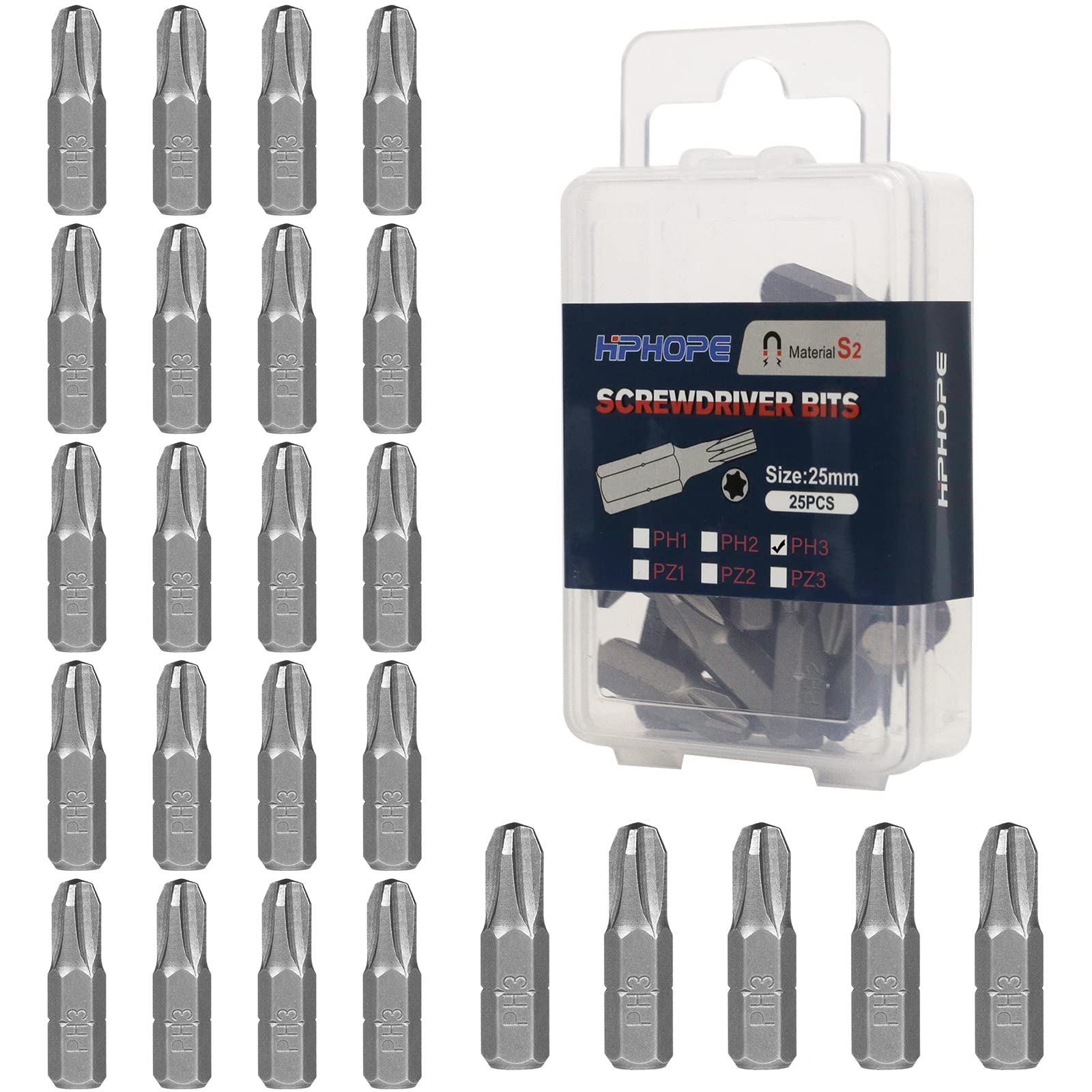 HPHOPE PH3 Screwdriver Bit Set, Phillips #3 Bits 1/4" Hexagon Bit (Length: 1", 25 Pack)