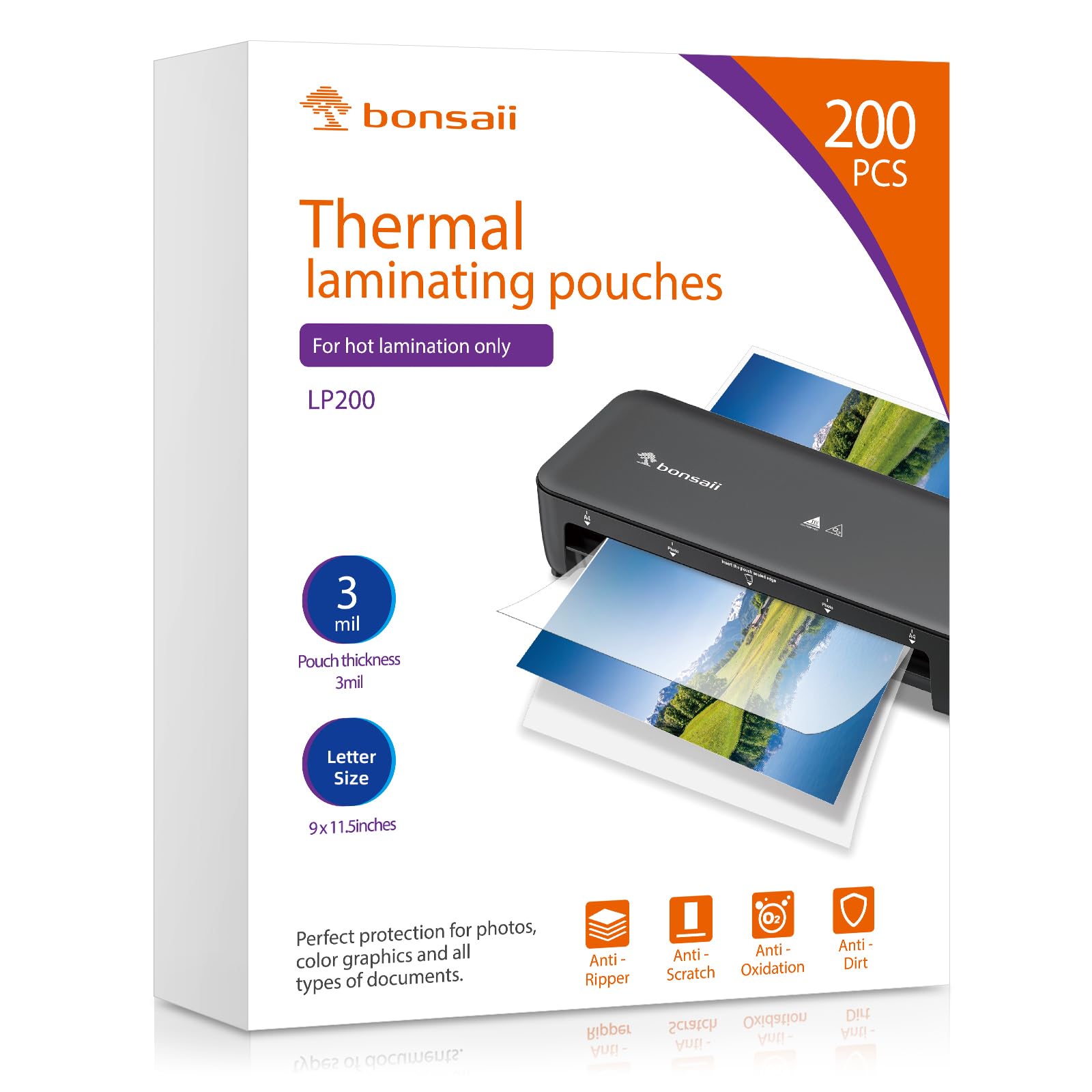 Bonsaii Laminating Sheets, 200 PCS 3mil Thermal Laminating Pouches, 9 x 11.5 inches, Letter Size, Clear and Durable, Suitable for Multiple Fields of Use-LP200