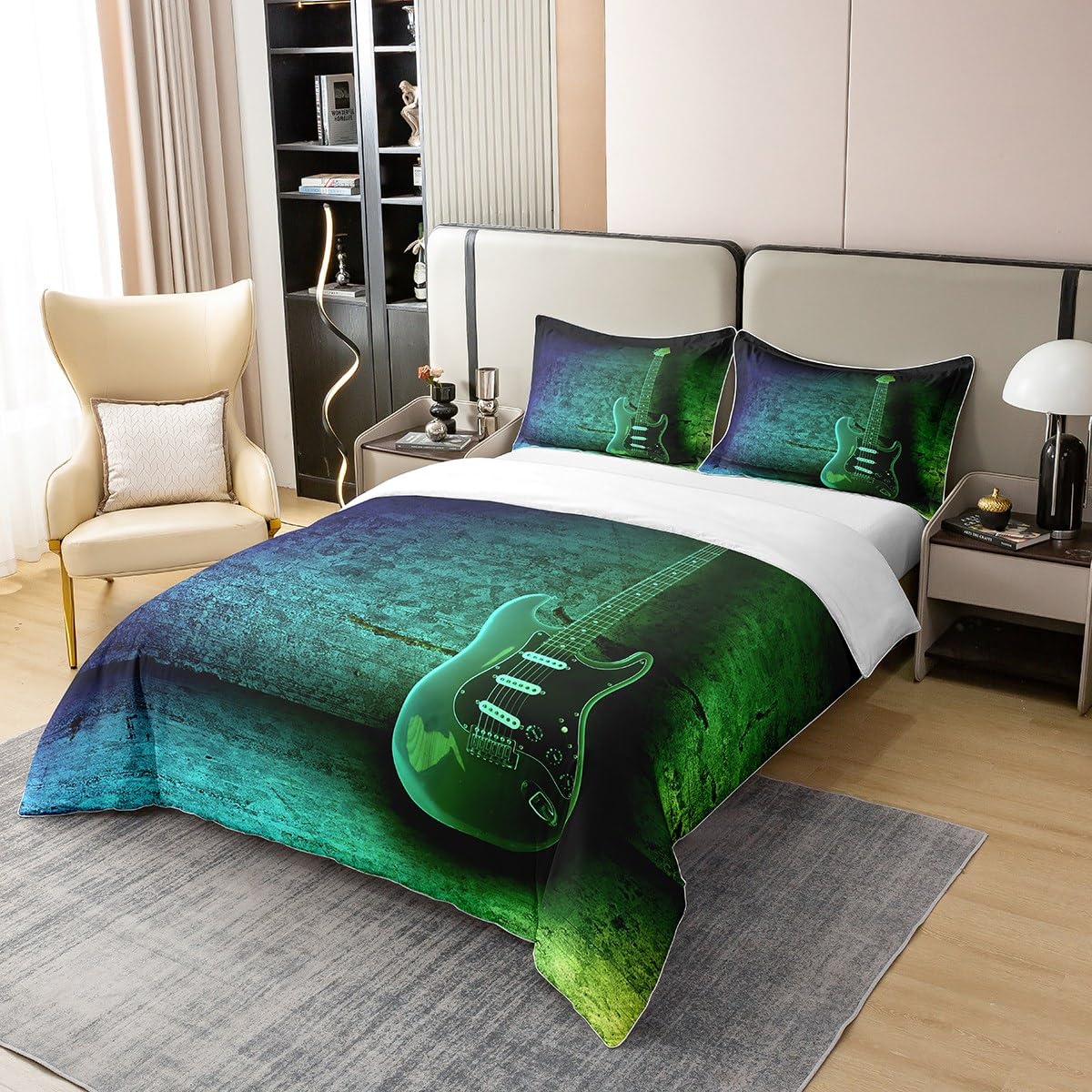 jejeloiu Guitar Duvet Cover 100% Cotton Queen Size Music Themed Guitar Bedding 100% Cotton Set Guitar Instruments Print Comforter Cover Ultra Soft Decor Musical Pattern Bedspread Cover Zipper