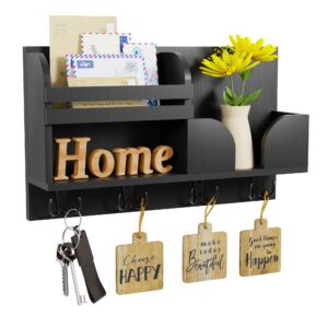 yemnmfh floating black key holder for wall, rustic wood entryway shelf for storage, easy to install mail organizer with 4 hooks, decorative coat rack for bathroom, kitchen, bedroom and home decor