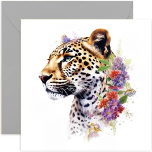 old english co. watercolour botanical leopard greeting card for birthday - cute birthday card for mum, nan, her - floral big cat animal art card for thinking of you, thank you | blank inside envelope…