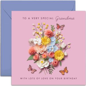 old english co. special grandma birthday card for her - pink flower butterfly artwork birthday card for grandma from grandchildren - cute grandma birthday card for her | not 3d card