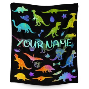 custom dinosaur throw blanket with name - 40x30 inches small blanket for kids, boys & girls - soft plush blankets for bed, couch, sofa - colorful cute fuzzy throws gifts for dinosaur lovers