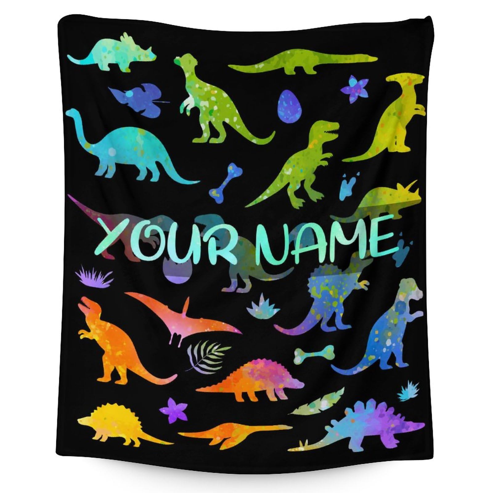 Custom Dinosaur Throw Blanket with Name - 40x30 Inches Small Blanket for Kids, Boys & Girls - Soft Plush Blankets for Bed, Couch, Sofa - Colorful Cute Fuzzy Throws Gifts for Dinosaur Lovers