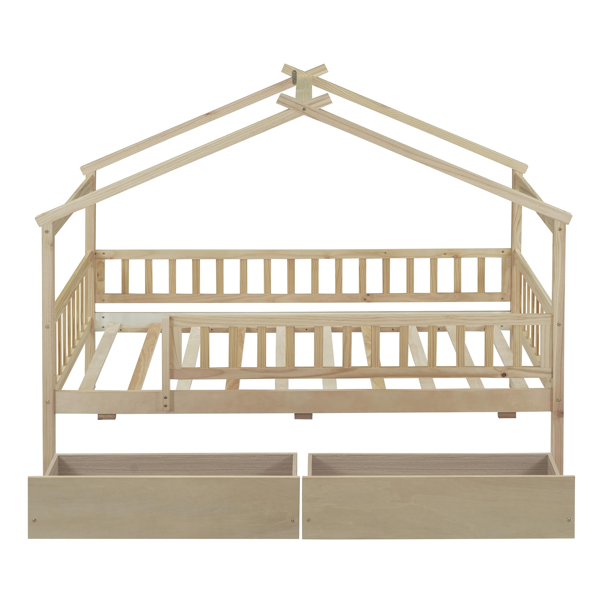 House Bed with Fence Storage, Twin Size Montessori Style Beds with Railings and 2 Drawers, Wooden Playhouse Bed Frame for Kids Girls Boys, Natural