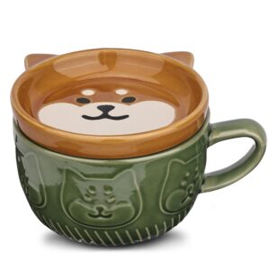 cute ceramic dog coffee mug with lid,kawaii coffee mugs or tea cups for dog lovers,funny novelty dog breakfast mugs for women wife mum girls boys friends kids christmas birthday gift,300ml（green）