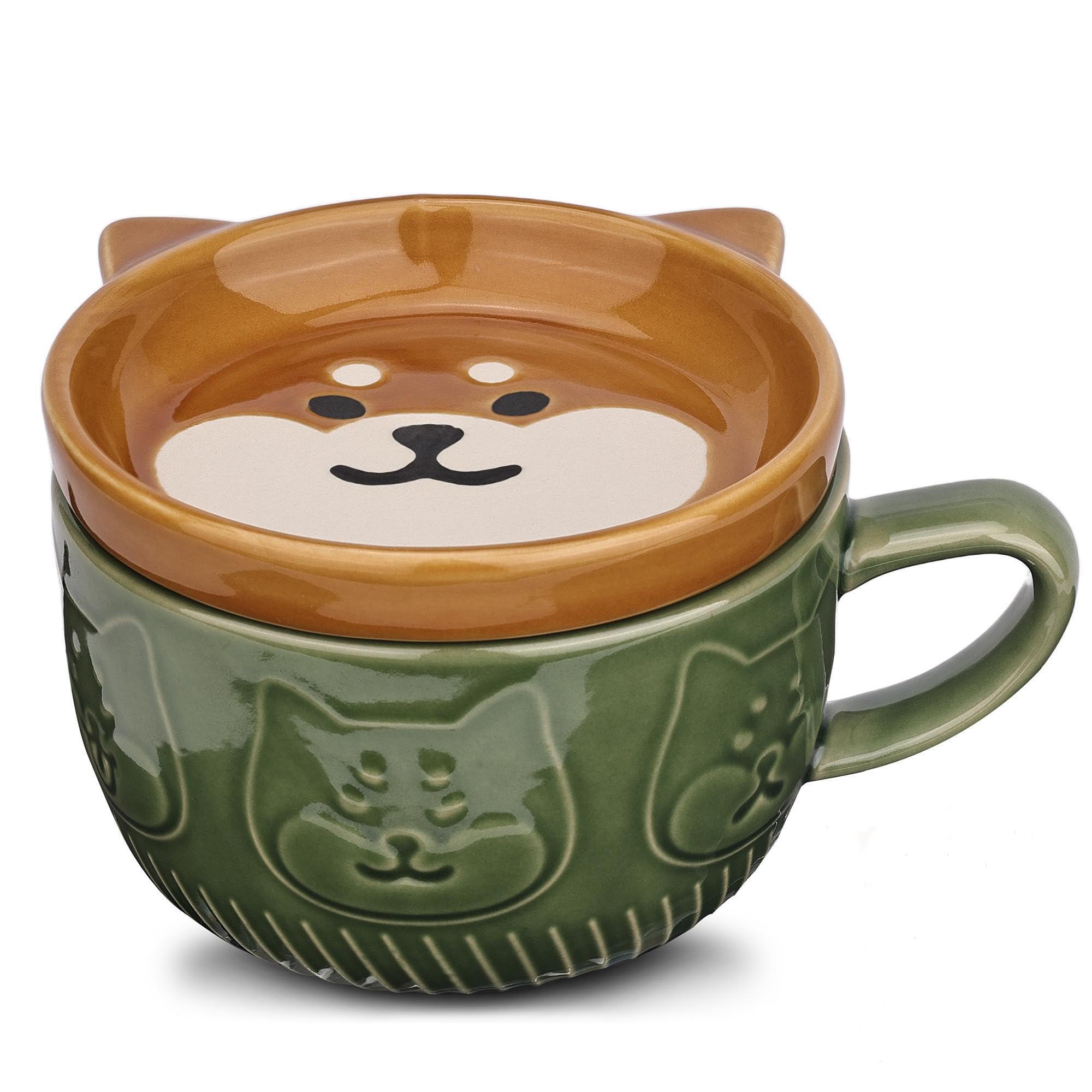 Cute Ceramic Dog Coffee Mug with Lid,Kawaii Coffee Mugs or Tea Cups for Dog Lovers,Funny Novelty Dog Breakfast Mugs for Women Wife Mum Girls Boys Friends Kids Christmas Birthday Gift,300ML（Green）