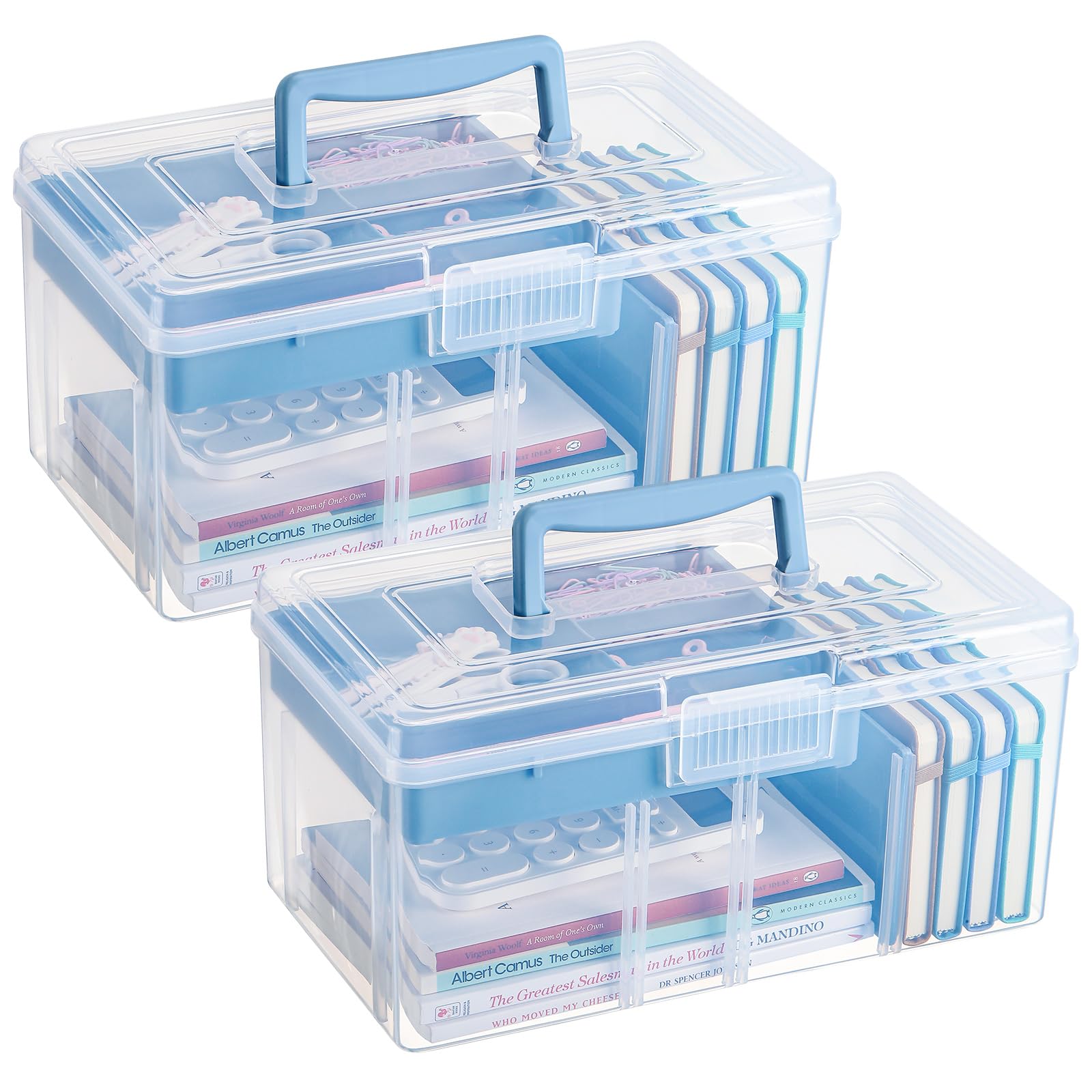 Leinuosen 2 Pcs 2 Layer Clear Plastic Dividing Storage Box with Removable Tray Multipurpose Stationery Storage Box with Handle Portable Sewing Box Transparent Case for Home, 11.42x6.3x5.71 In(Blue)