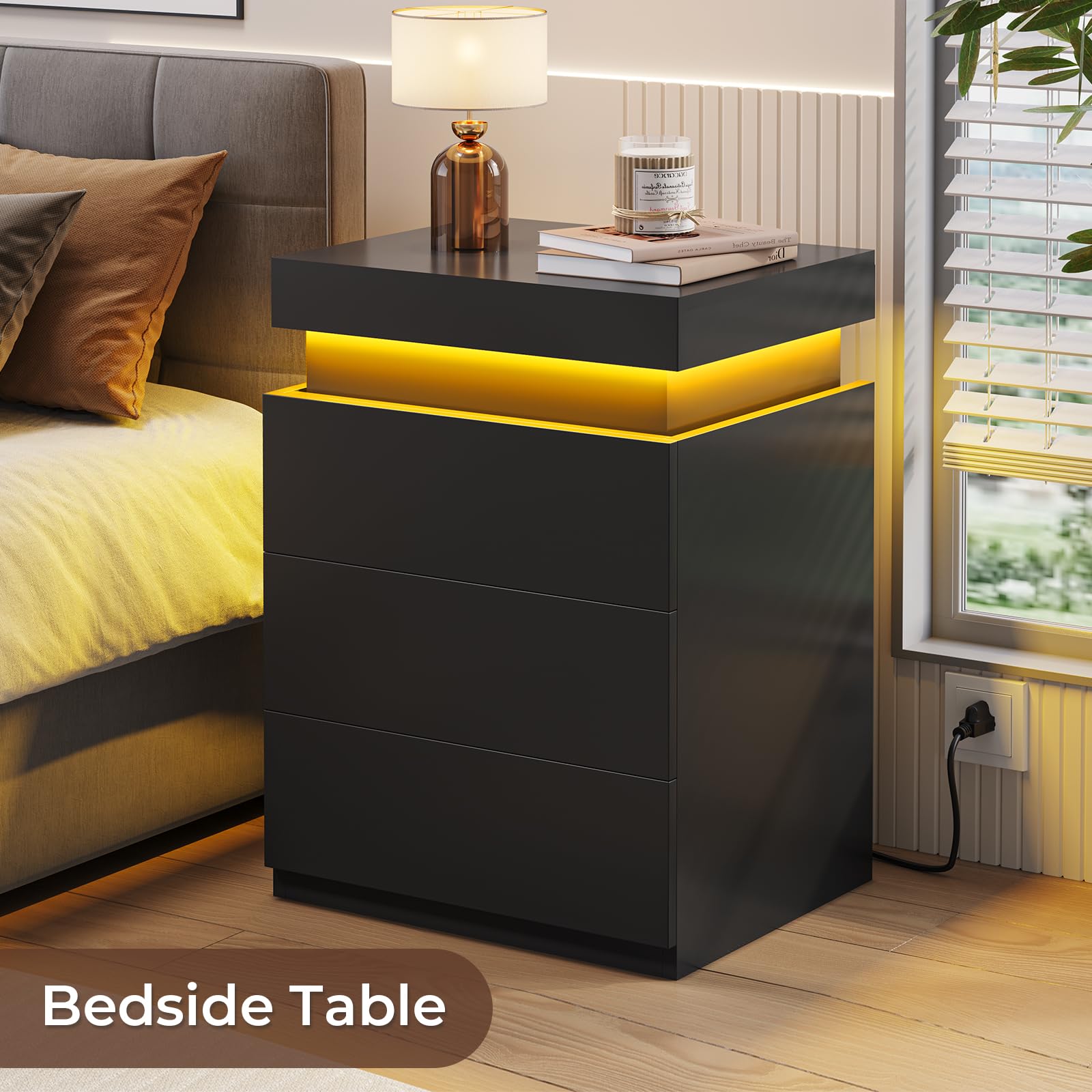 BTHFST LED Nightstands Set of 2,Night Stands for Bedroom Set of 2,Nightstand with Charging Station and Sliding Top,Bedside Table with Power Outlets & Drawers,Modern End Side Table (Black)