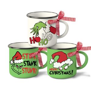 paayna merry christmas mini coffee mug set of 3, xmas stink stank stunk santa hat green 5 oz mini coffee cups tiered tray decor, hohoho funny holiday kitchen coffee bar decorations housewarming gift