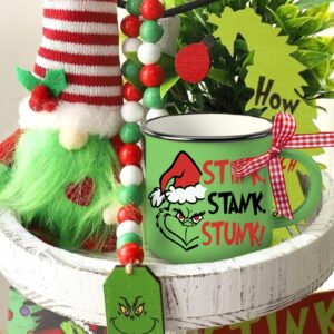 Paayna Merry Christmas Mini Coffee Mug Set of 3, Xmas Stink Stank Stunk Santa Hat Green 5 oz Mini Coffee Cups Tiered Tray Decor, Hohoho Funny Holiday Kitchen Coffee Bar Decorations Housewarming Gift