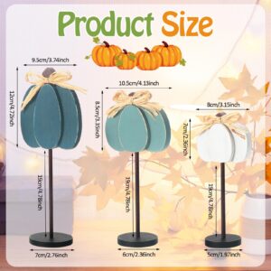 Thyle 3 Pcs Thanksgiving Pumpkin Table Centerpieces Wood Fall Table Decorations for Home Thanksgiving Tall Standing Block Autumn Harvest Sign with Bow for Home Decor(Blue, Light Blue, Grayish White)