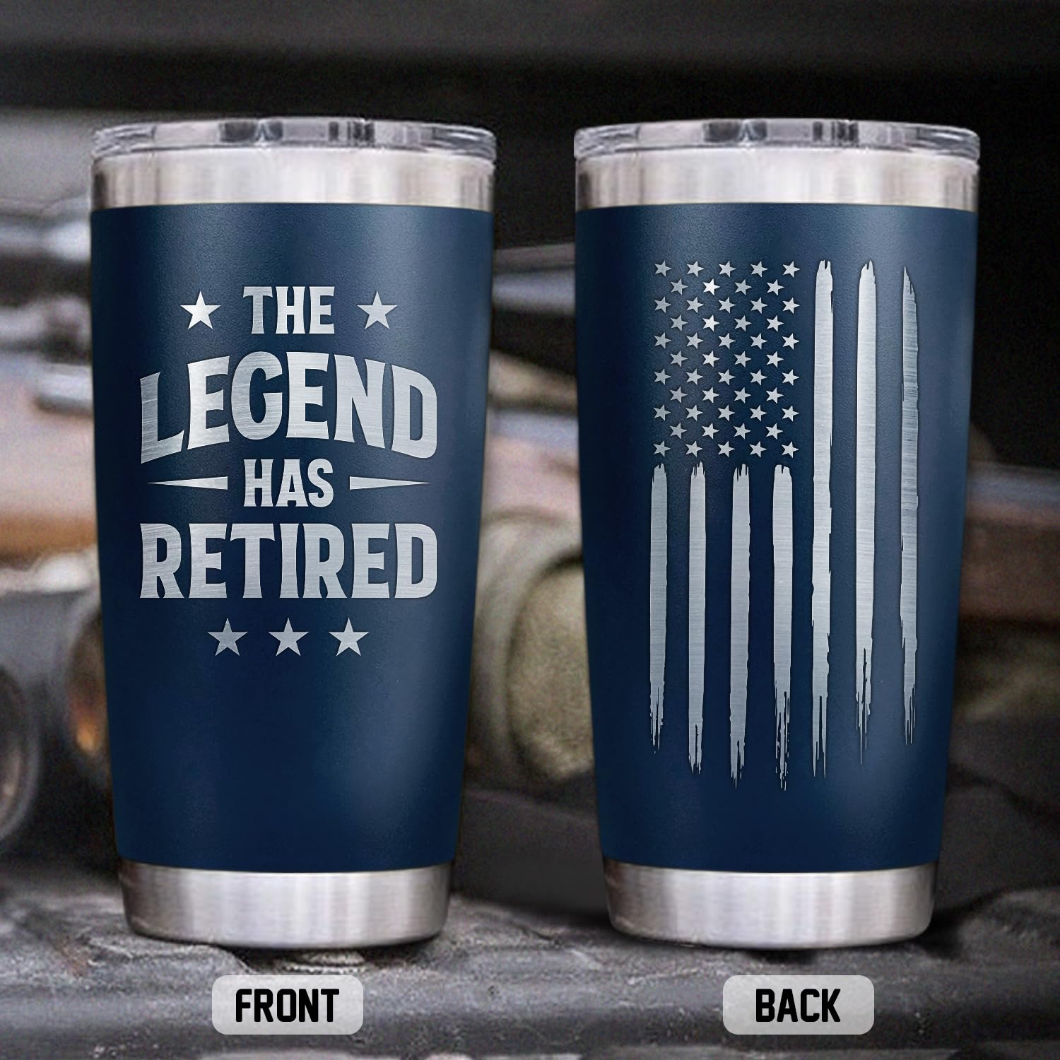 PRPinkRain Retirement Gifts for Men 2024 - The Legend Has Retired - American Flag Tumbler, Engraved Gifts, Retirement Gag Gifts Idea for Men, Him, Husband, Coworkers (Navy 20 Oz)