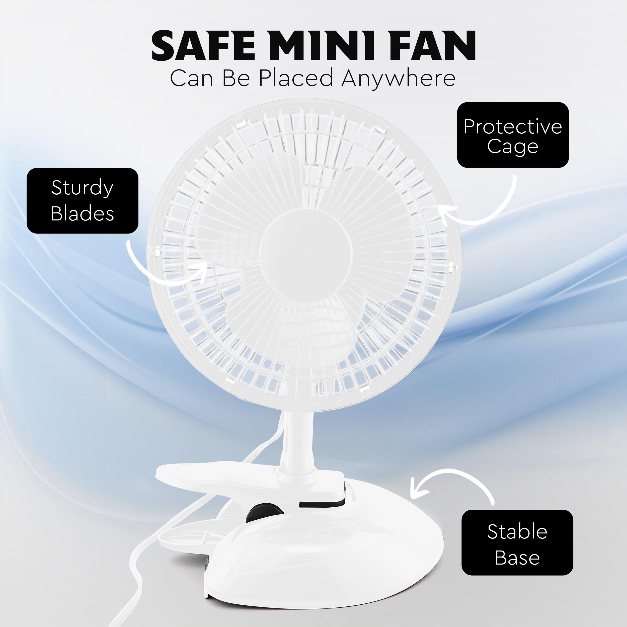 RamPro Clip on Fan & Desk Fan, Small Clip Fan with Sturdy Clamp, 6 Inch Portable Clip on Fan Plug-In Quiet Personal Cooling Bed Fan for Home, Camping, 2 Speed Clip Fans with Adjustable Tilt, White