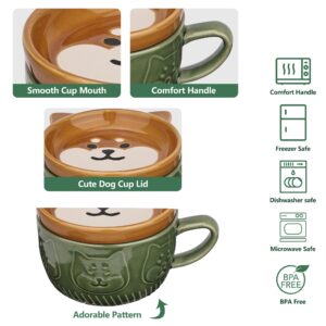 Cute Ceramic Dog Coffee Mug with Lid,Kawaii Coffee Mugs or Tea Cups for Dog Lovers,Funny Novelty Dog Breakfast Mugs for Women Wife Mum Girls Boys Friends Kids Christmas Birthday Gift,300ML（Green）