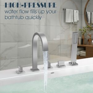 Roman Bathtub Faucet Set with Handheld Sprayer and Rough-in Valve Widespread Deck Mount 5 Hole Classic High Arch Tub Faucets Trim Kit 3 Handle with Diverter Lever Bath Tub Filler (Brushed nickel)